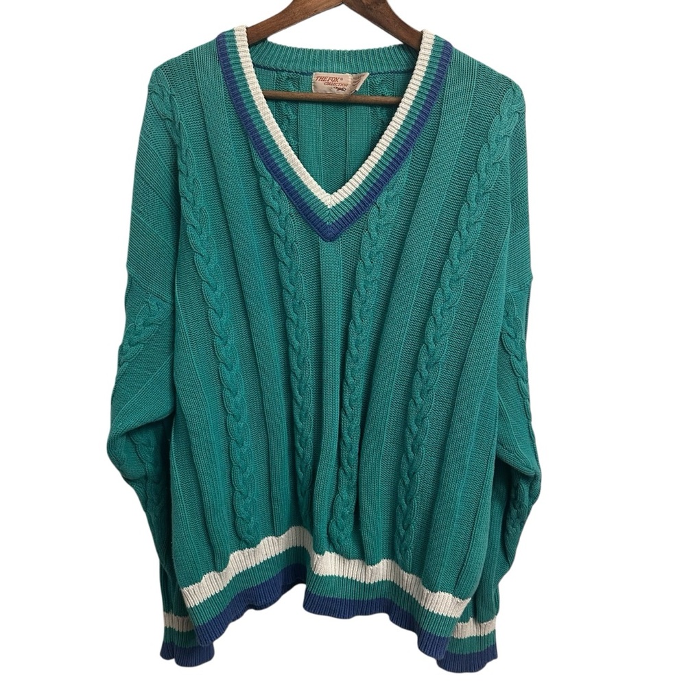 The Fox Collection Vintage V Neck Cable Knit Sweater Men’s XL 46-48 Preppy Teal